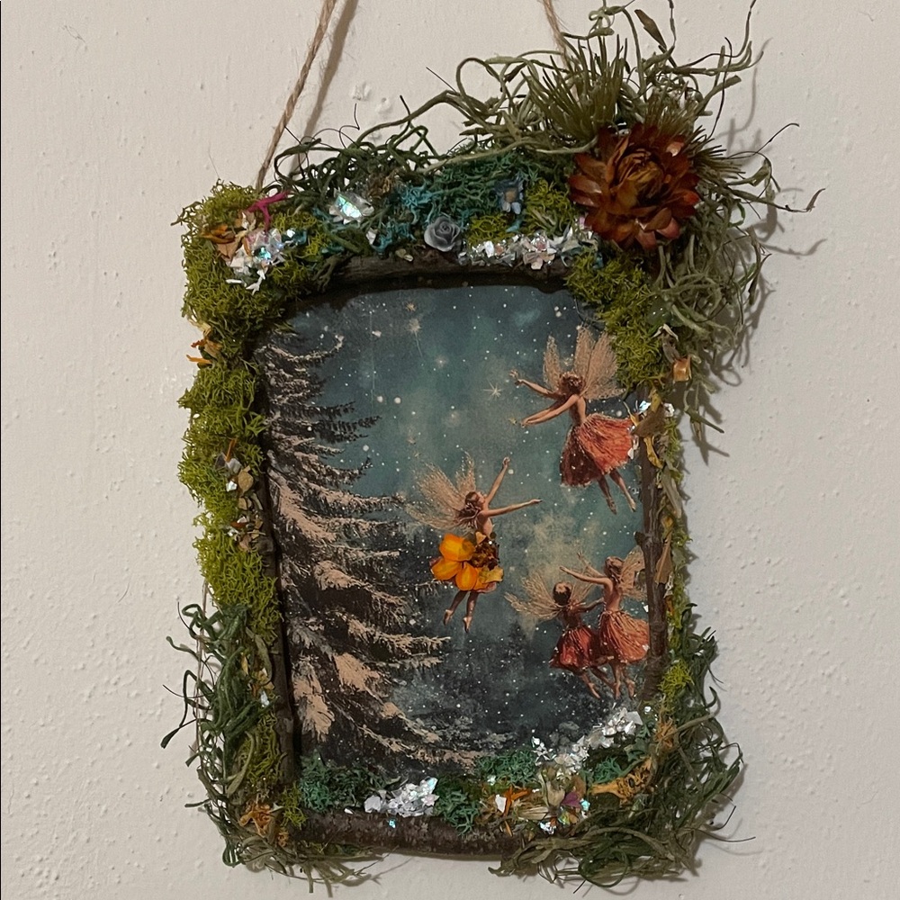 Enchanted Forest Winter Fairy Wall Hanging handmade moss strawflower snowfall